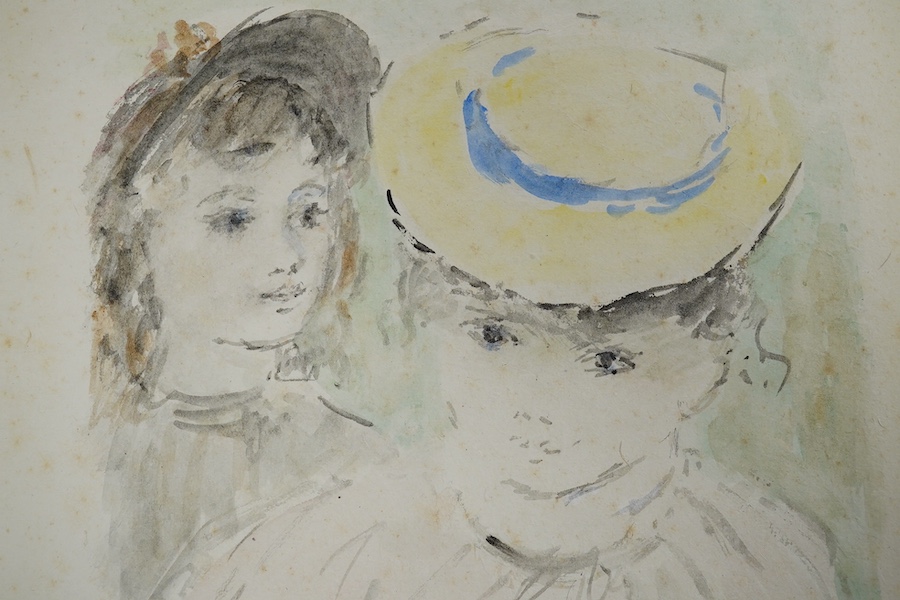 Elinor Bellingham-Smith (1906-1988), watercolour, Studies of two young girls, signed with initials, 25 x 17cm, mounted, unframed. Condition - poor to fair, foxing throughout